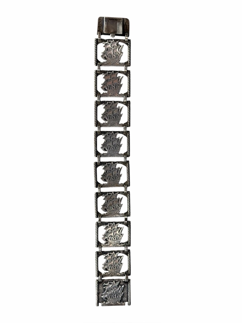 1920s Sterling Silver Ship Panel Bracelet.  Galleon. Charm.